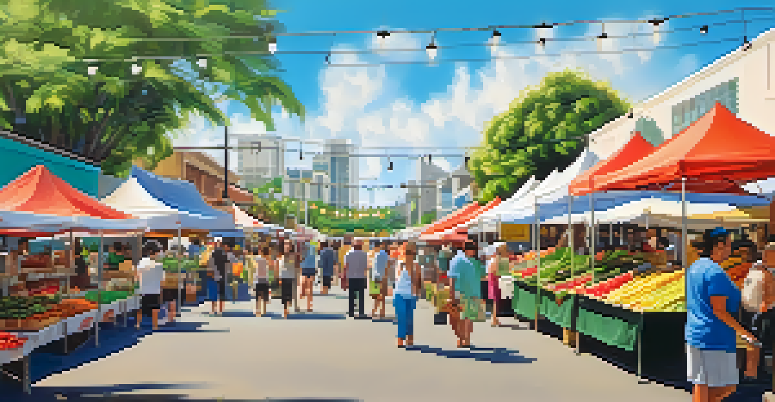 A bustling farmer's market in Honolulu with colorful stalls of fresh produce and local crafts, bustling with shoppers.
