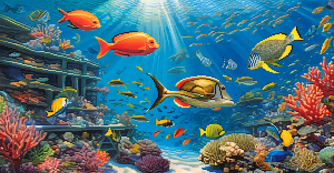 An underwater coral reef filled with colorful fish, sea turtles, and corals, illuminated by sunlight filtering through the water.