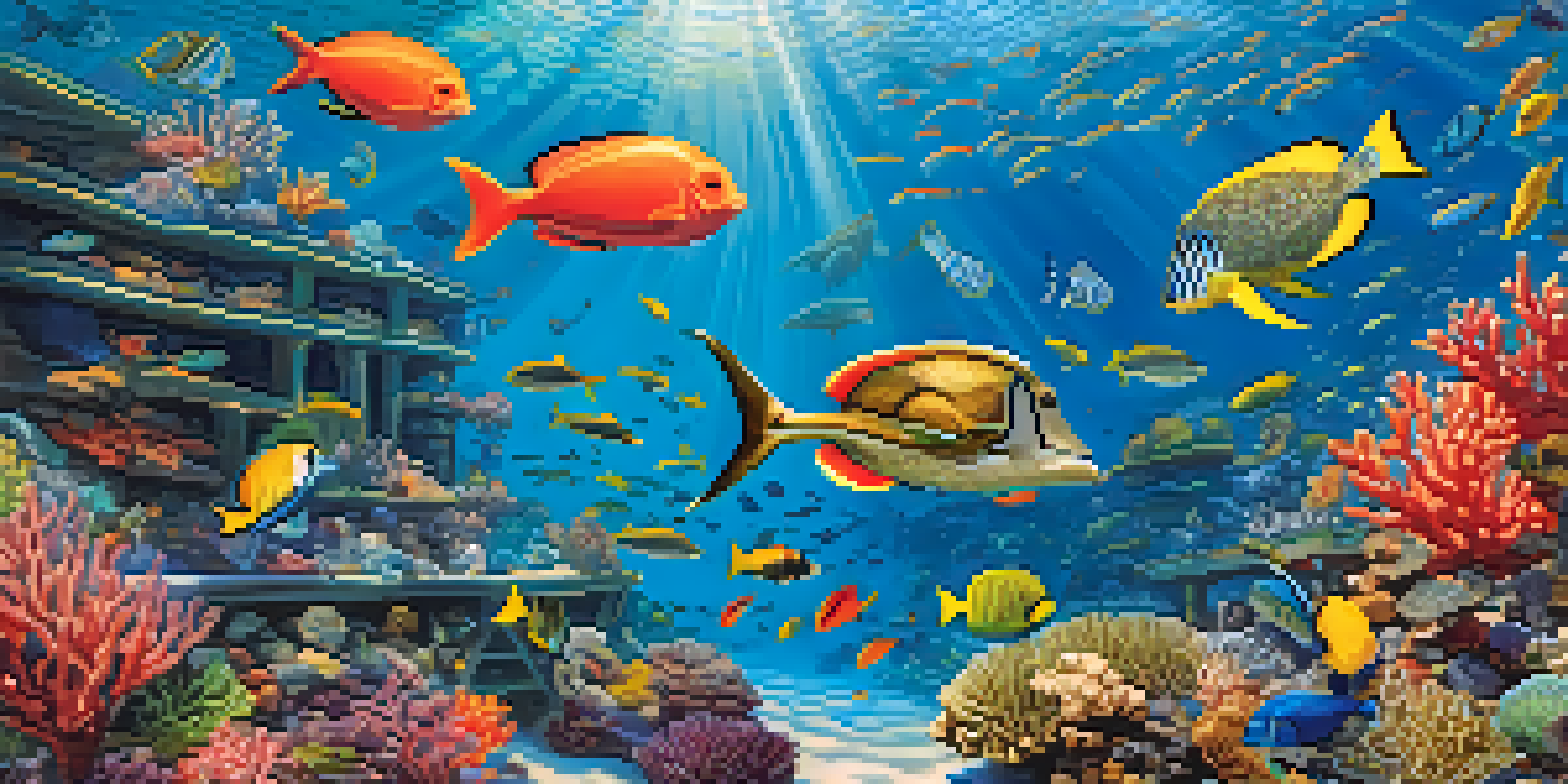 An underwater coral reef filled with colorful fish, sea turtles, and corals, illuminated by sunlight filtering through the water.