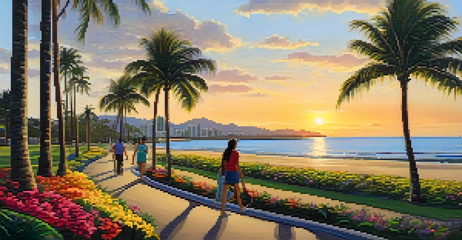 Families walking along the Ala Moana Beach Park Trail at sunset, surrounded by palm trees and beautiful flowers.