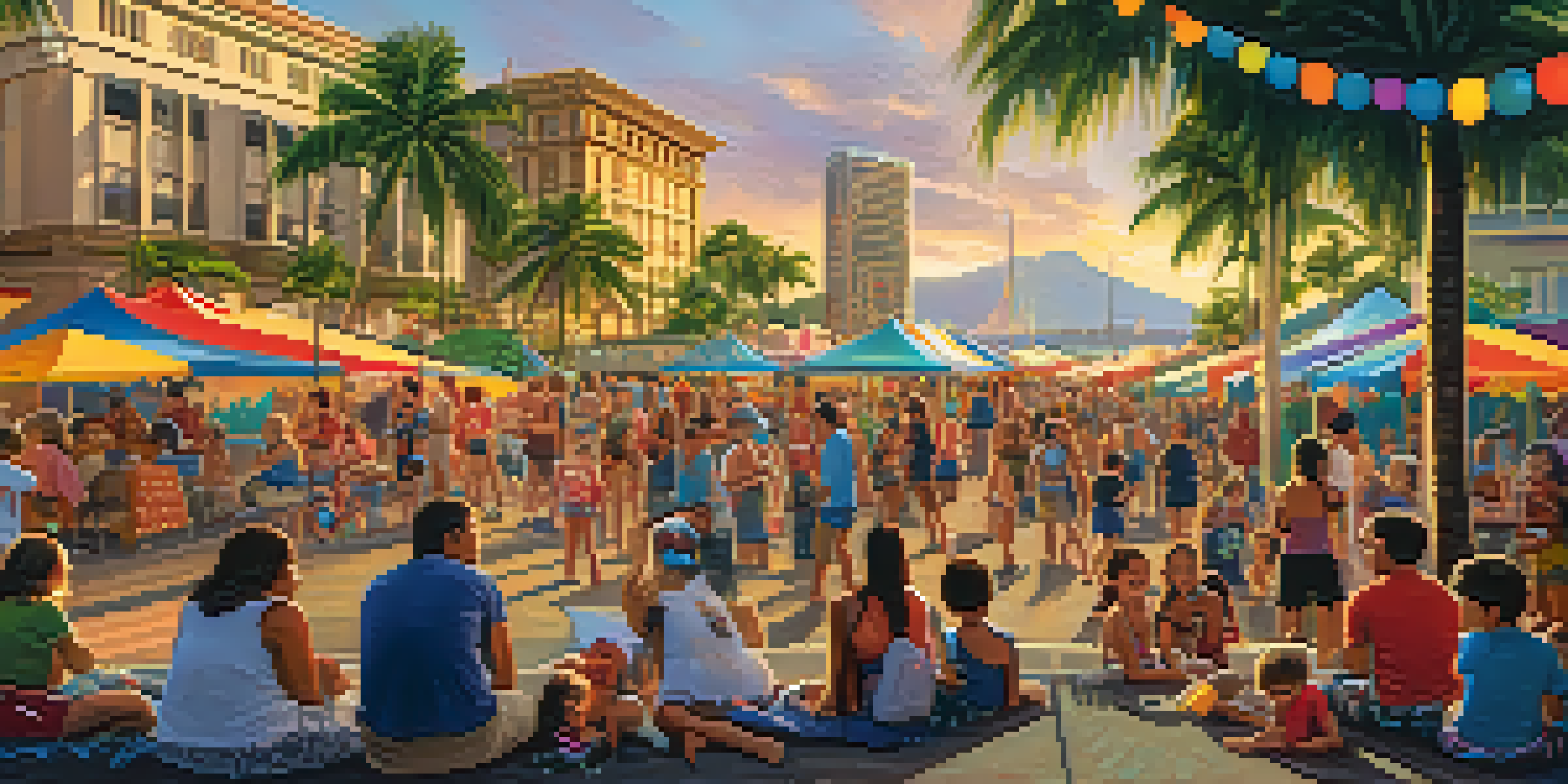 Families enjoying activities at the Aloha Tower Festival with children playing games and the Aloha Tower in the background.