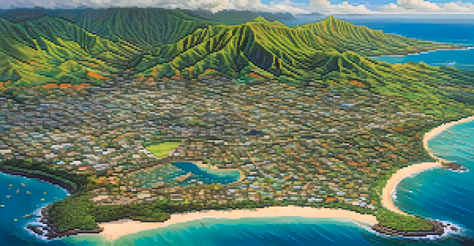 A bird's-eye view of Honolulu's coastline with vibrant coral reefs and clear blue waters.