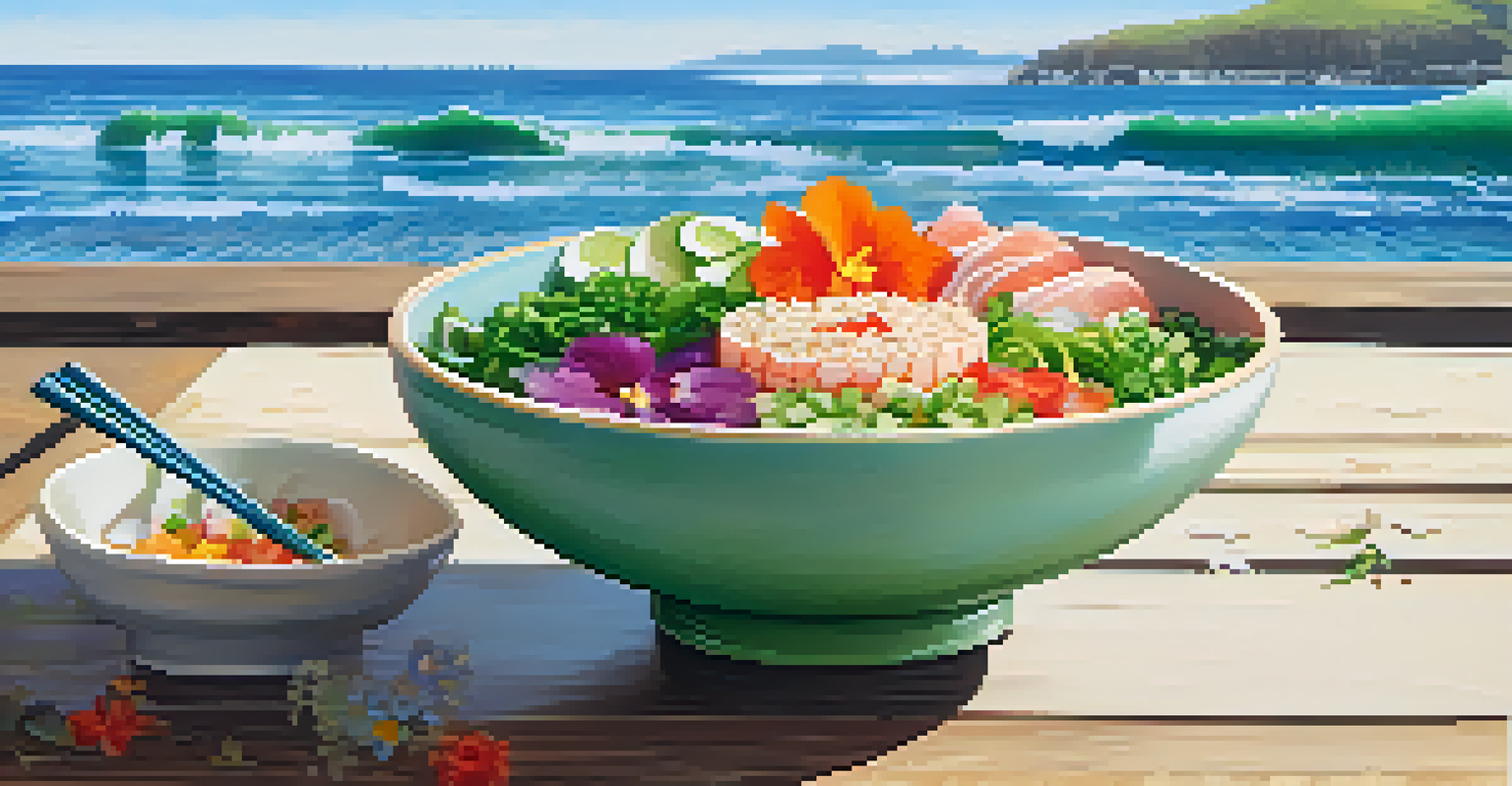 A colorful poke bowl with fresh fish and garnishes, set against a tranquil ocean backdrop.