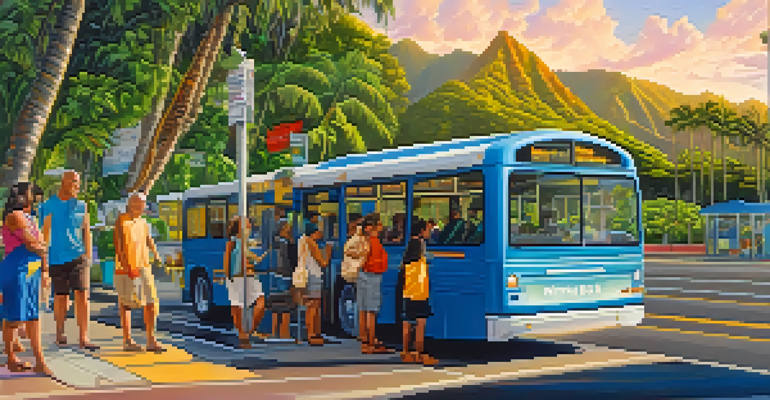 A colorful Honolulu bus stop with TheBus, surrounded by tropical plants and passengers, with an ocean and mountain backdrop.