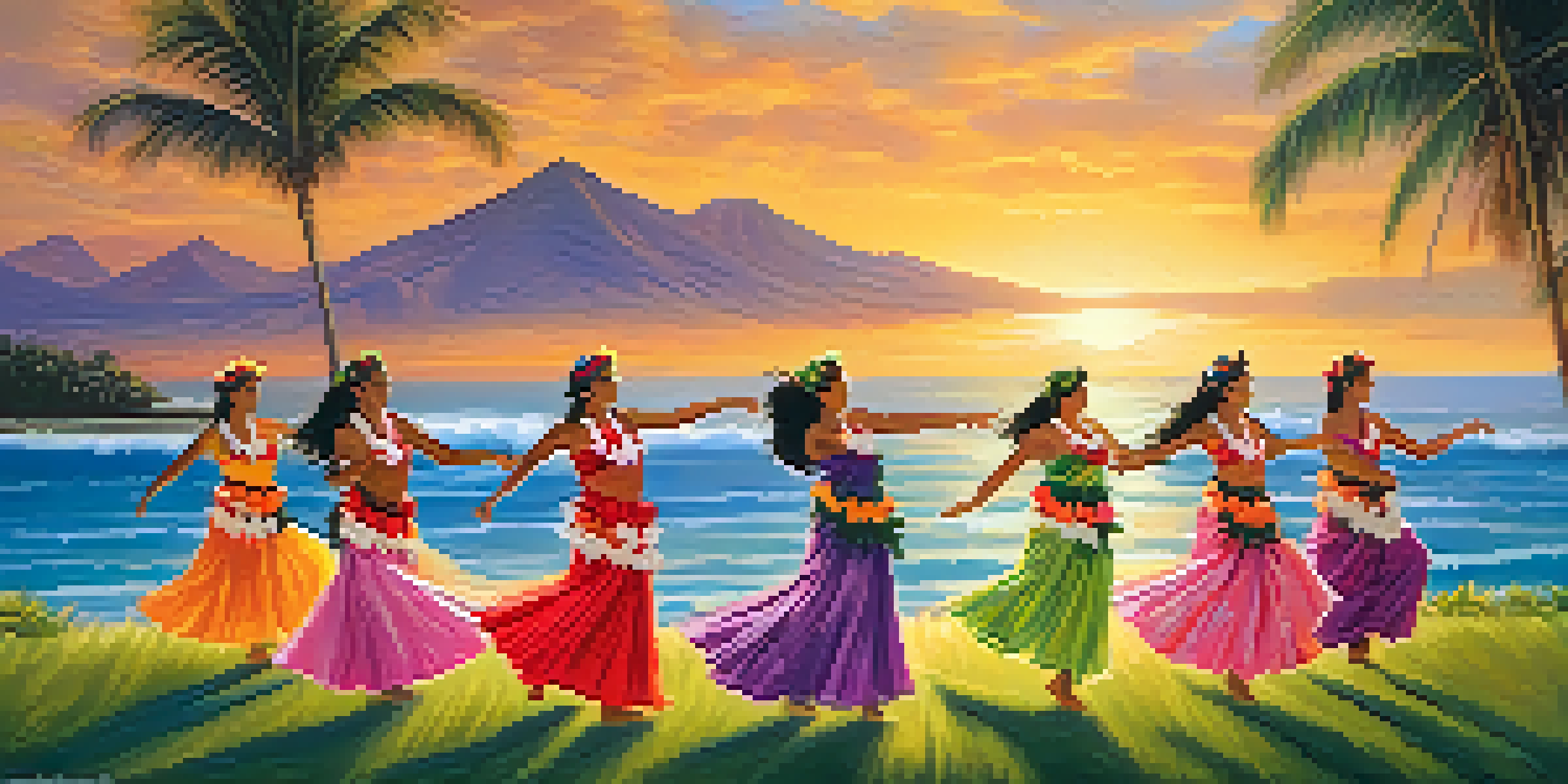 A traditional Hawaiian hula dance performance at sunset with dancers in colorful skirts and leis, set against a lush landscape.