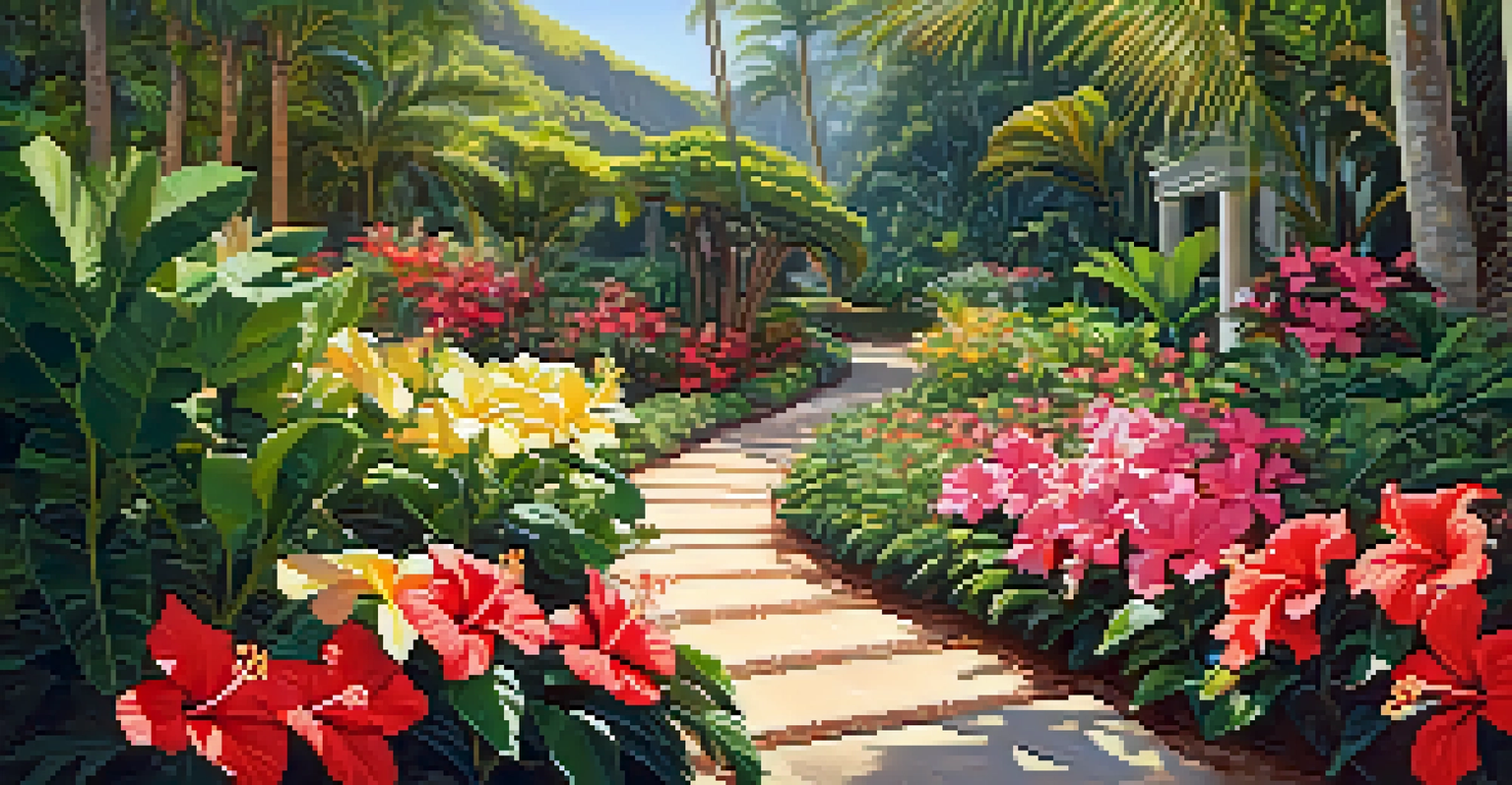 A vibrant Hawaiian garden in spring with blooming flowers and a winding path.