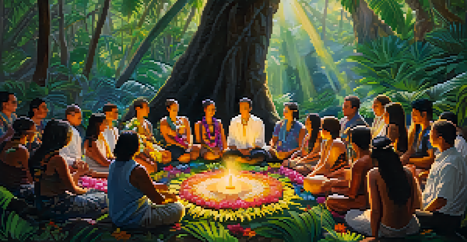 A community gathering in a Hawaiian forest for a healing ceremony, with people holding hands and colorful flowers around them.