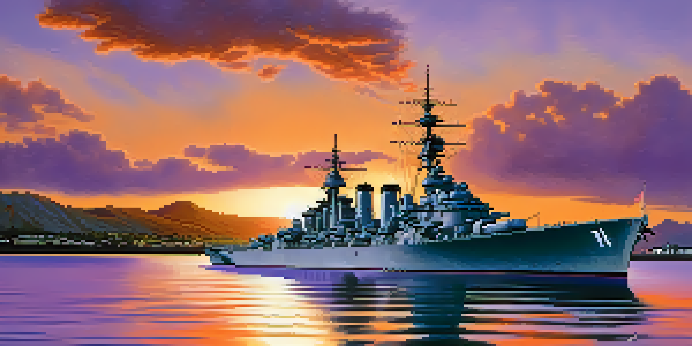A view of the Battleship Missouri at sunset, with vibrant colors in the sky and the ship's details visible.