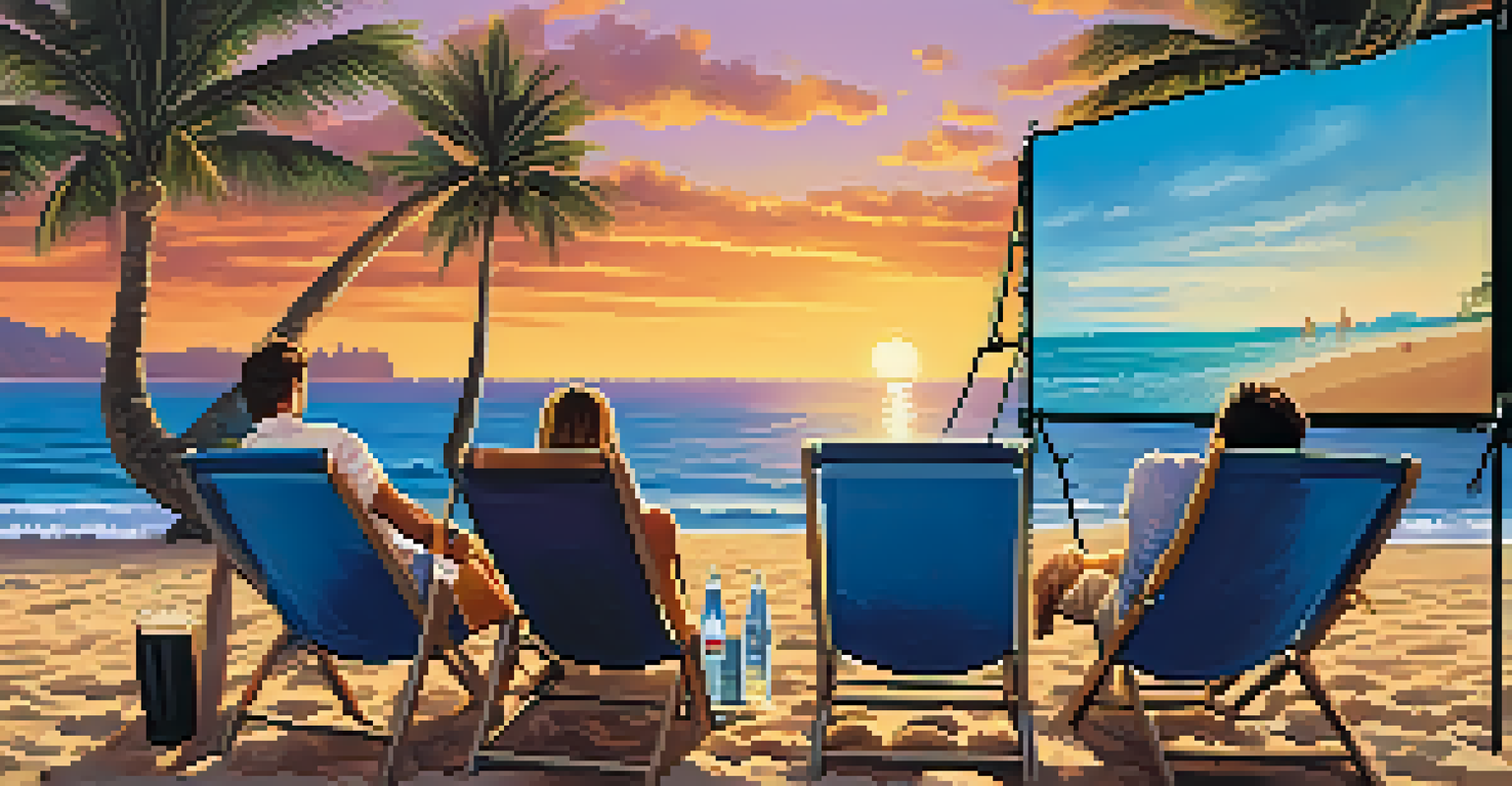 Couples enjoying a romantic movie on the beach at sunset, with a large screen and ocean waves in the background.