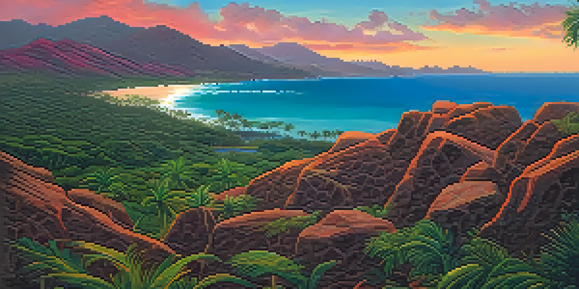 A tranquil Hawaiian sunset with a view of green mountains and a calm ocean, featuring traditional petroglyphs carved in rocks.