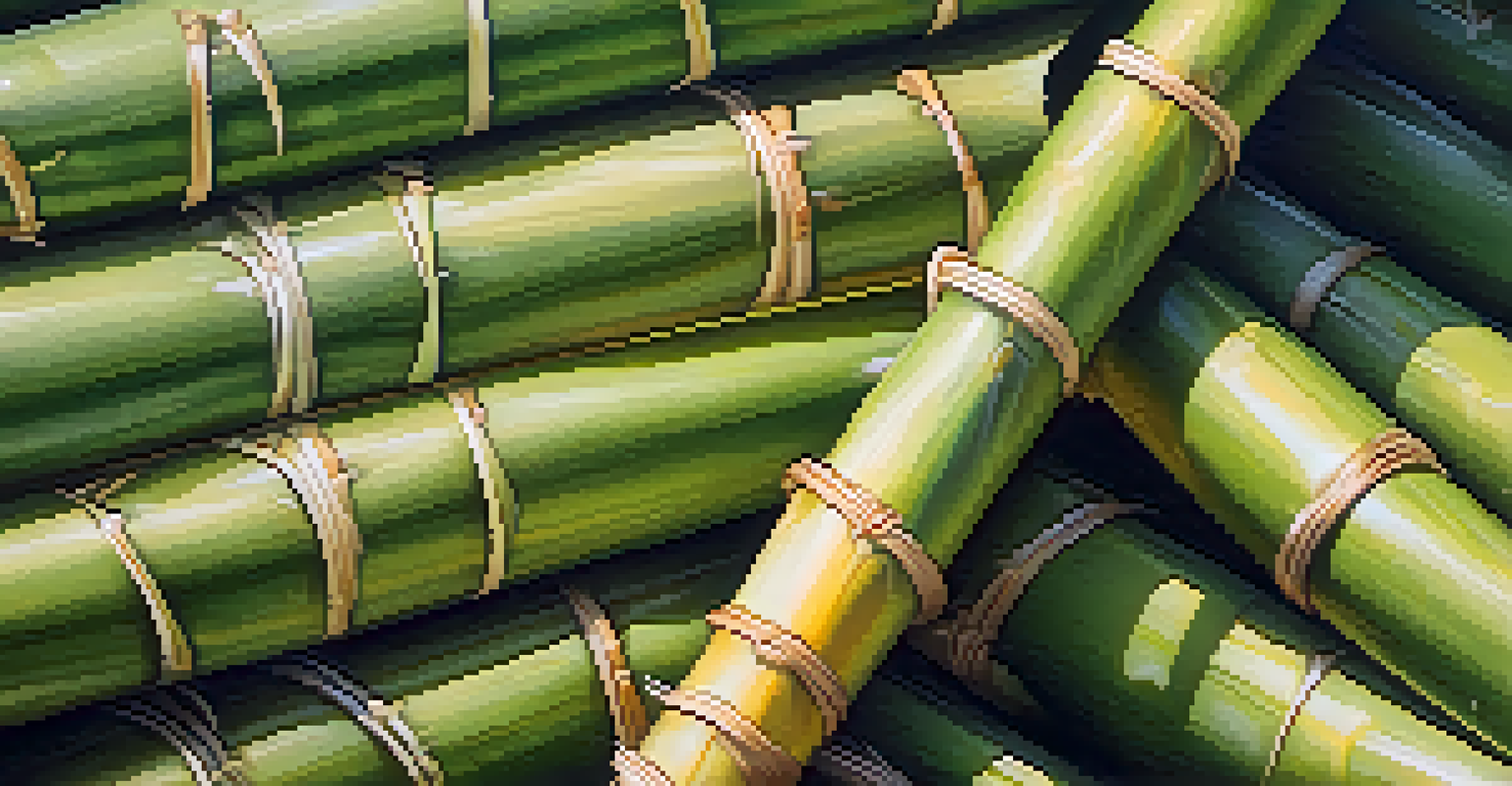 A close-up of freshly harvested sugarcane with dew, surrounded by traditional Hawaiian farming tools.
