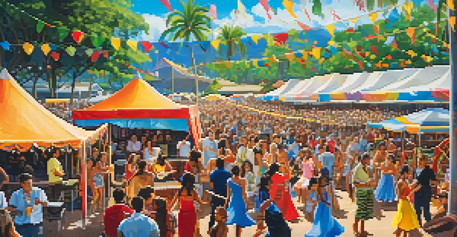A vibrant festival scene in Honolulu with a crowd enjoying live music and musicians on stage under a blue sky.