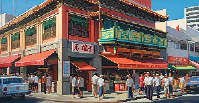 A lively street in Chinatown with traditional architecture, food stalls, and people enjoying the atmosphere.