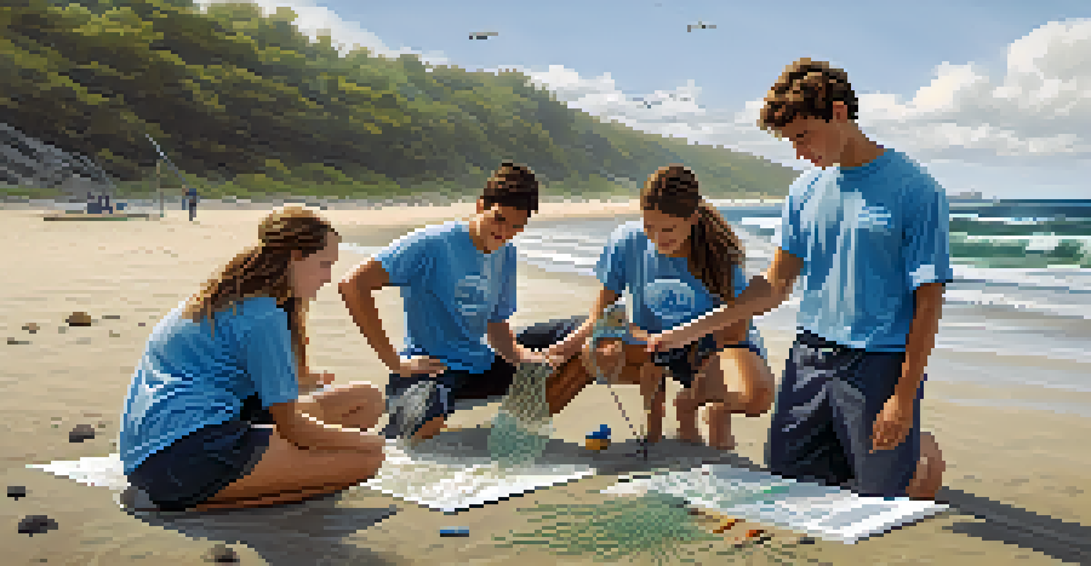 Marine science students conducting field study on a beach, examining water samples with ocean waves in the background.