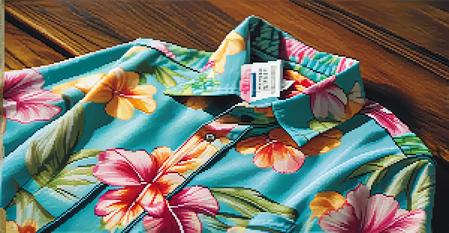 Close-up of a colorful Hawaiian shirt with floral patterns, displayed on a rustic wooden surface with natural light.