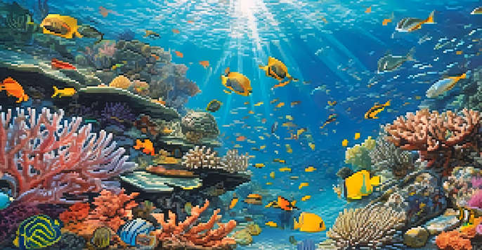 An underwater view of a colorful coral reef filled with tropical fish, sea turtles, and diverse coral species, illuminated by sunlight.