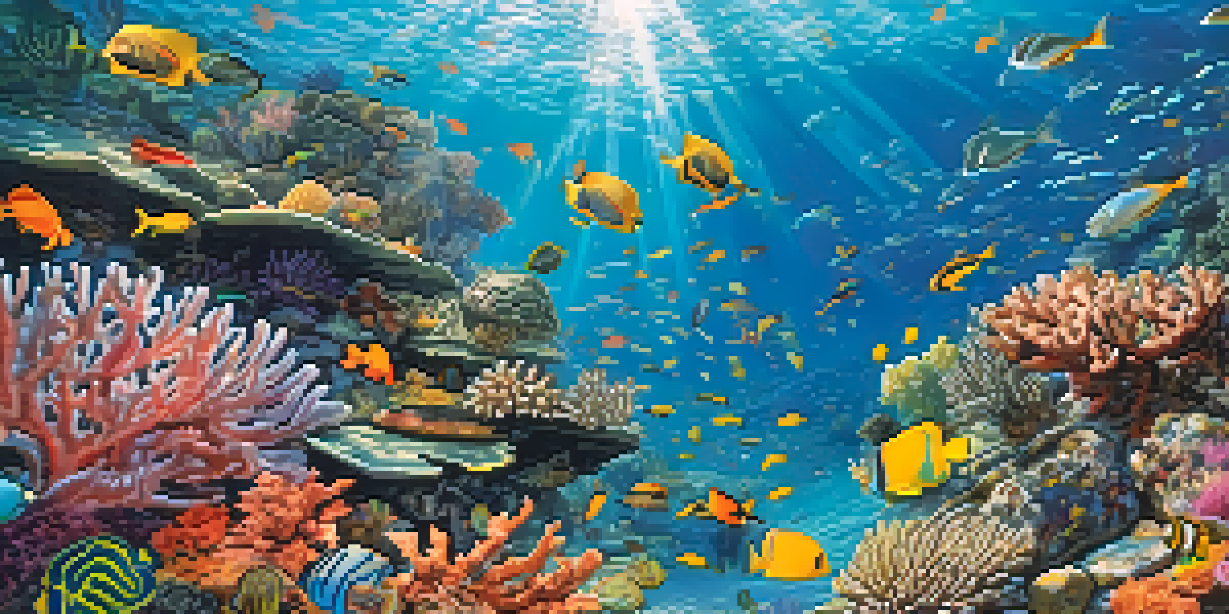 An underwater view of a colorful coral reef filled with tropical fish, sea turtles, and diverse coral species, illuminated by sunlight.