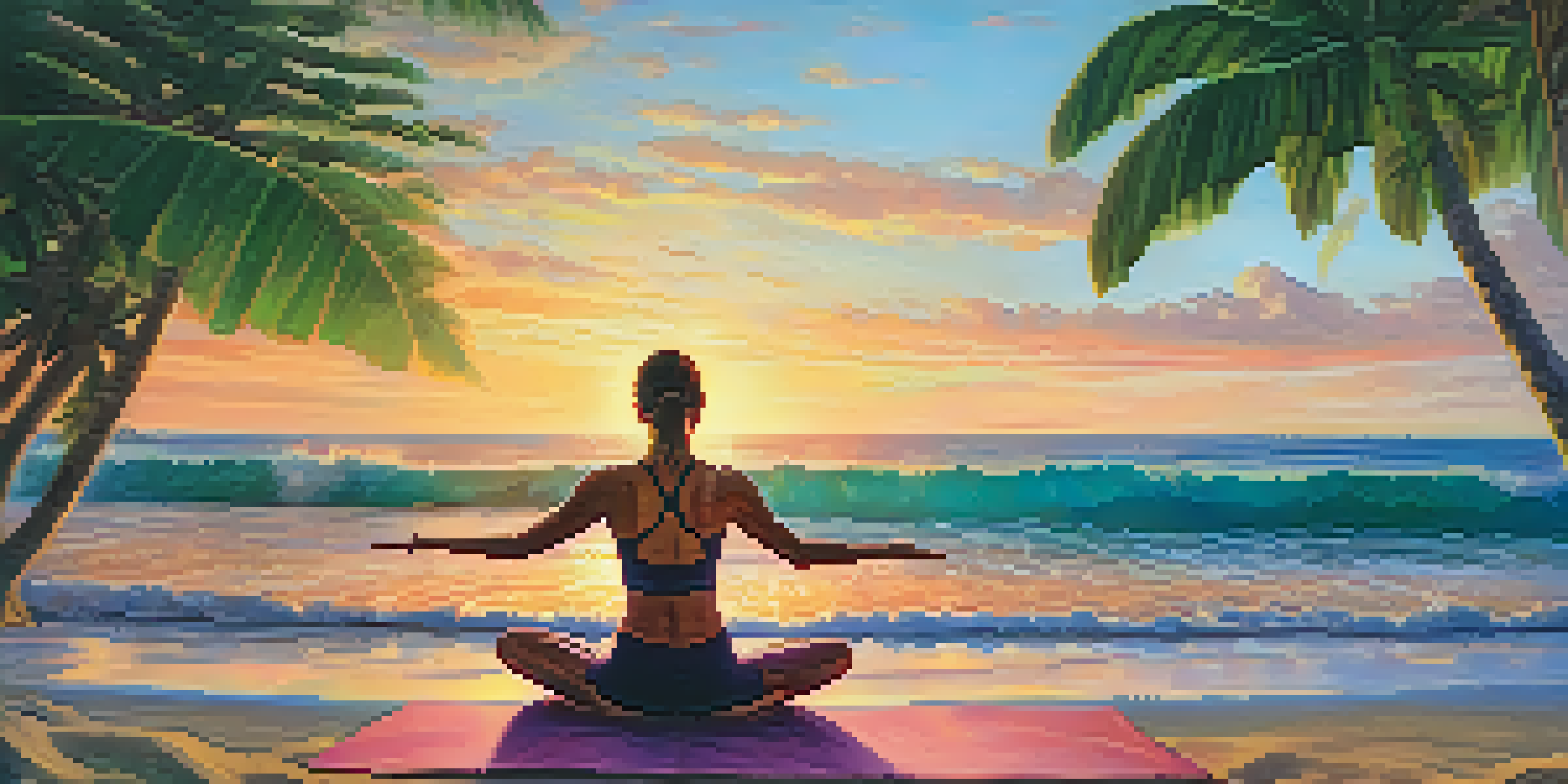 A person practicing yoga on a beach at sunrise, surrounded by colorful skies and ocean waves.