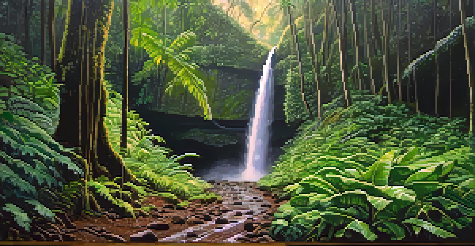 A serene hiking trail in Manoa Falls with lush greenery, a small waterfall, and sunlight filtering through the trees.