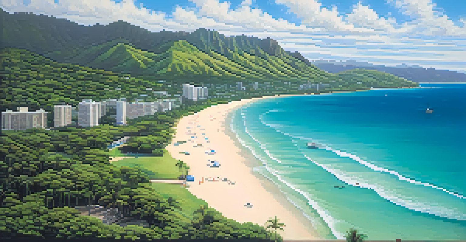 An aerial view of a beautiful beach in Honolulu with clear turquoise waters, white sand, and green mountains in the background, featuring beachgoers and surfboards.