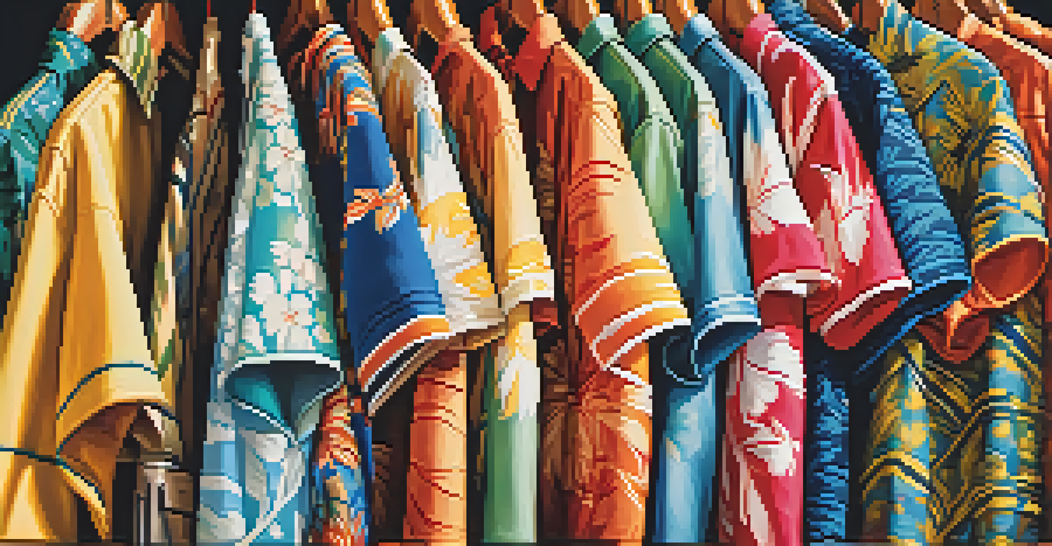 A close-up of colorful vintage Hawaiian shirts on a rack, showcasing their unique patterns and textures.
