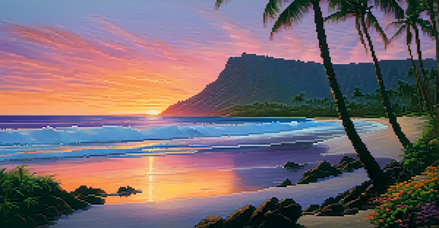 Sunset over a Hawaiian beach with volcanic cliffs, featuring a colorful sky and silhouettes of palm trees.