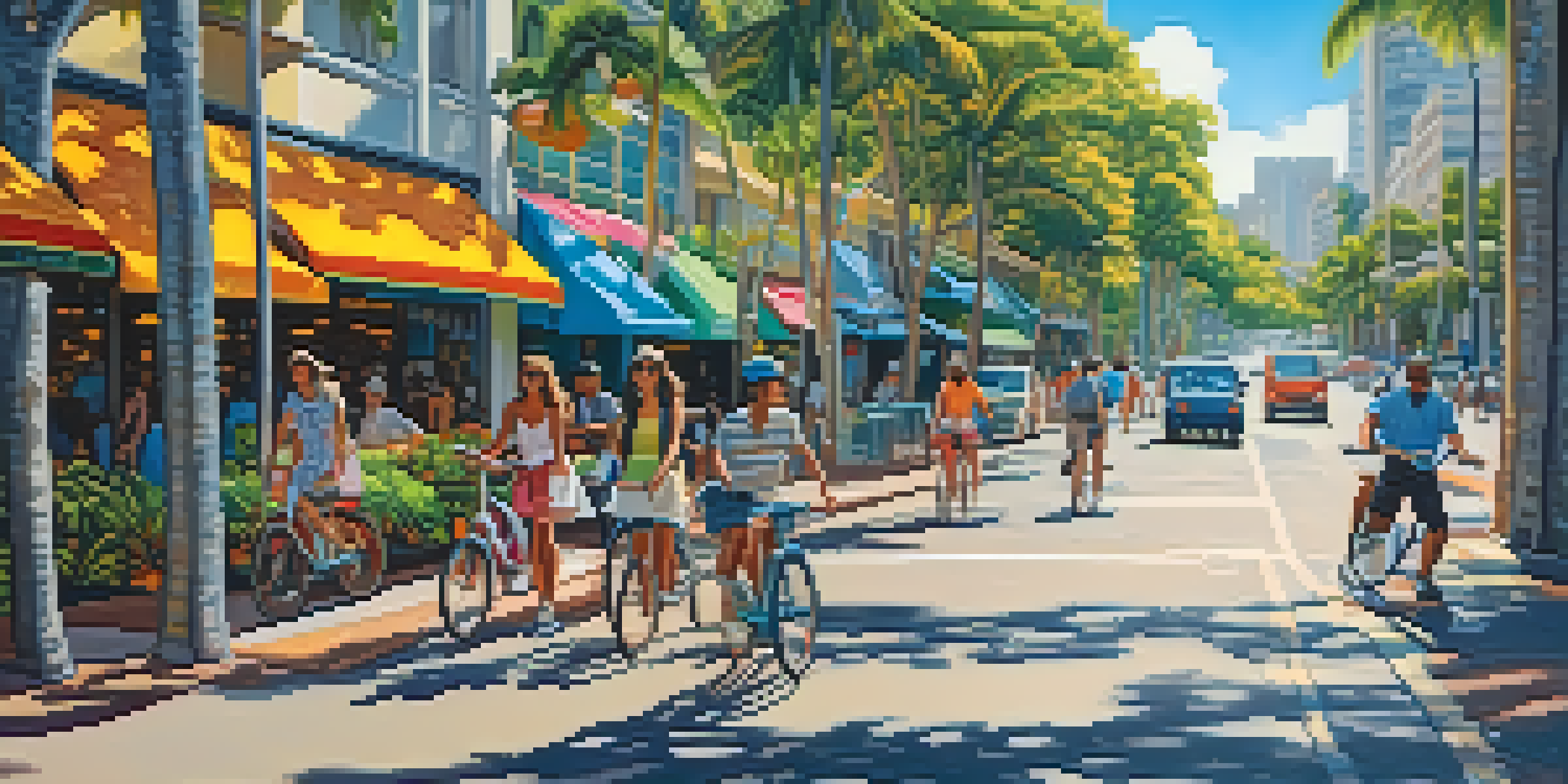Tourists riding bicycles and e-scooters on a sunny street in Honolulu, surrounded by tropical trees and colorful shops.