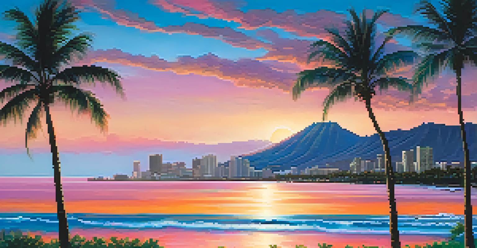 A beautiful sunset over Honolulu's coastline with palm trees in silhouette and the outline of Diamond Head in the background.