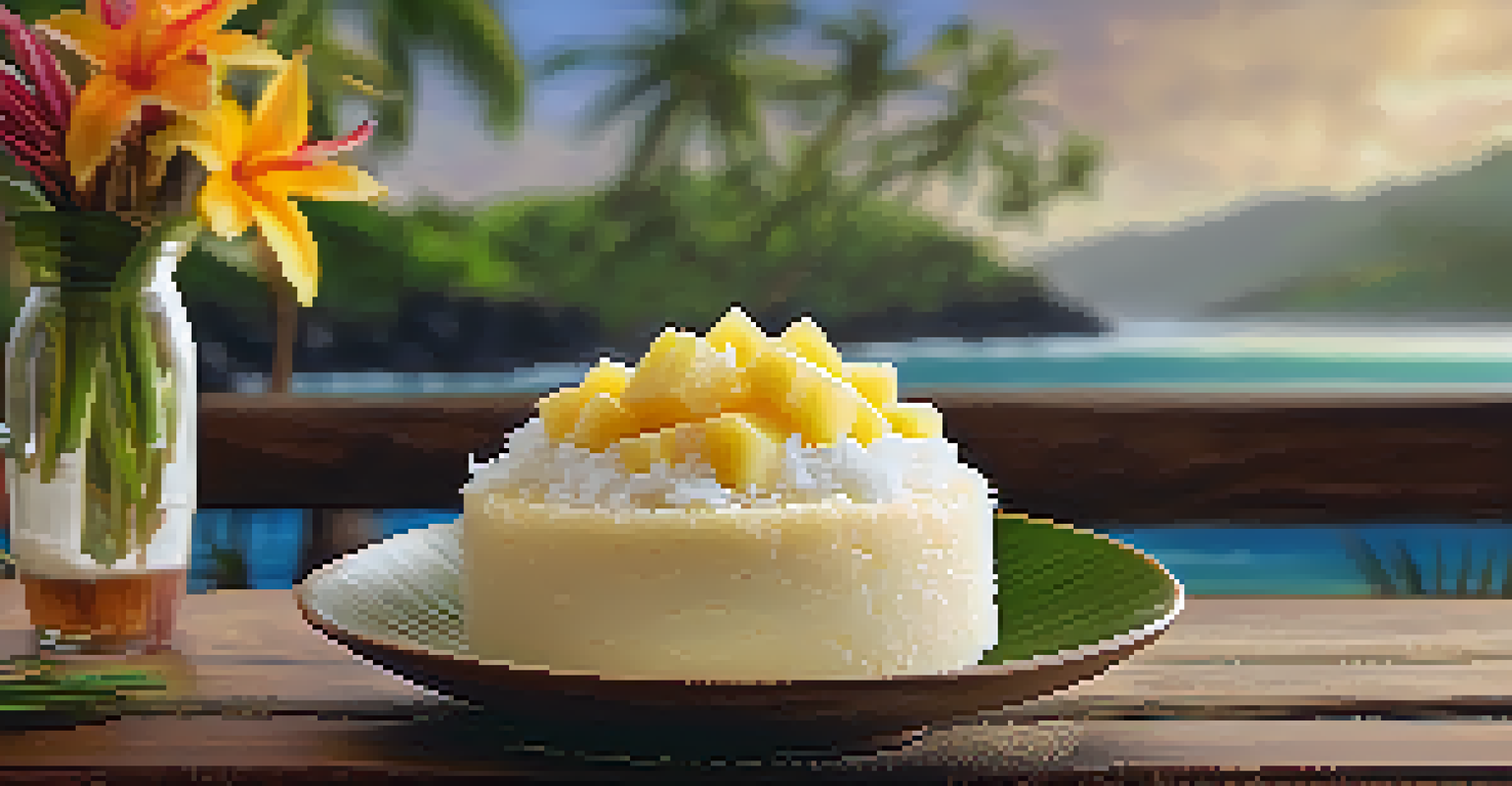 A coconut haupia dessert topped with shredded coconut and pineapple slices, placed on a rustic wooden table with tropical flowers.