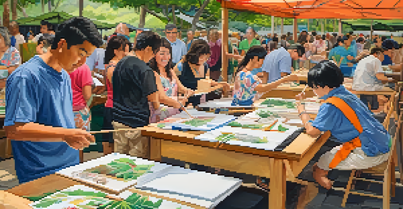 Participants engaged in a hands-on workshop at the Honolulu Festival, learning traditional crafts with colorful materials around them.