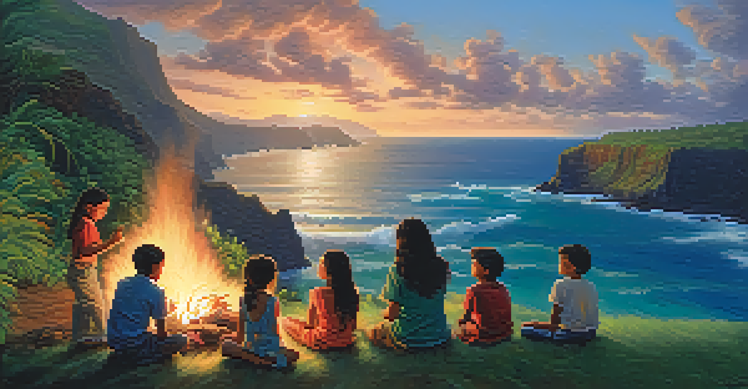 A Hawaiian landscape with children and elders gathered around a fire sharing stories, with cliffs and ocean in the background at dawn.