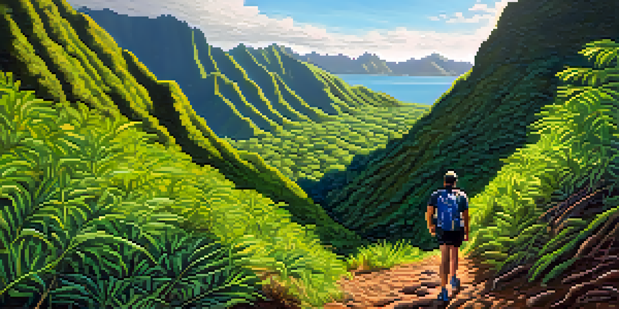 A hiking trail in the Ko'olau Range of Honolulu, surrounded by lush greenery and mountains, with a hiker ascending the path.