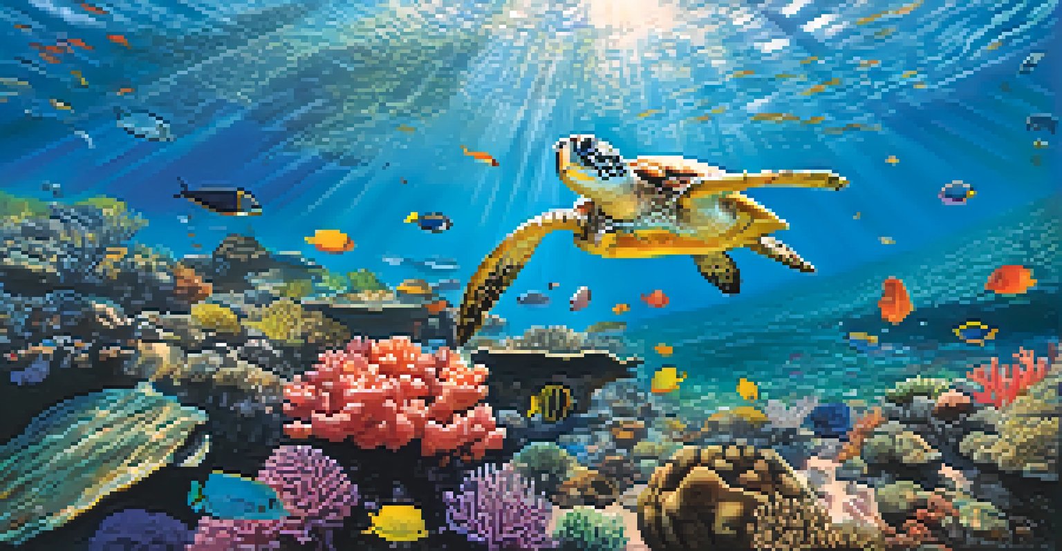 A vibrant underwater coral reef in Hawaii, filled with colorful corals, tropical fish, and a sea turtle swimming amidst the sunlight.