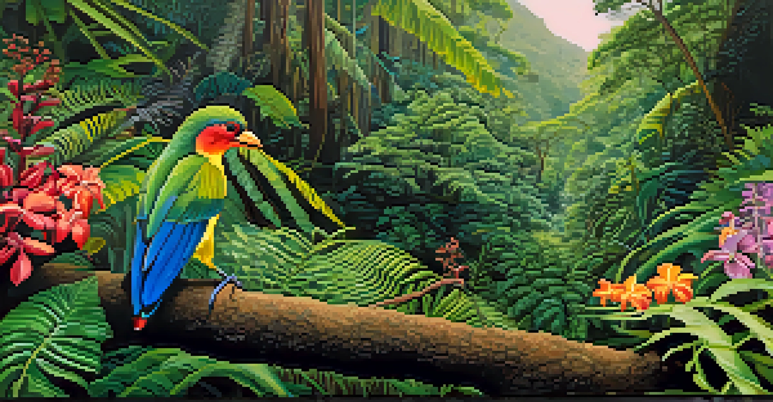 A close-up of colorful tropical flowers and ferns, with a native bird perched nearby, representing Hawaii's biodiversity.