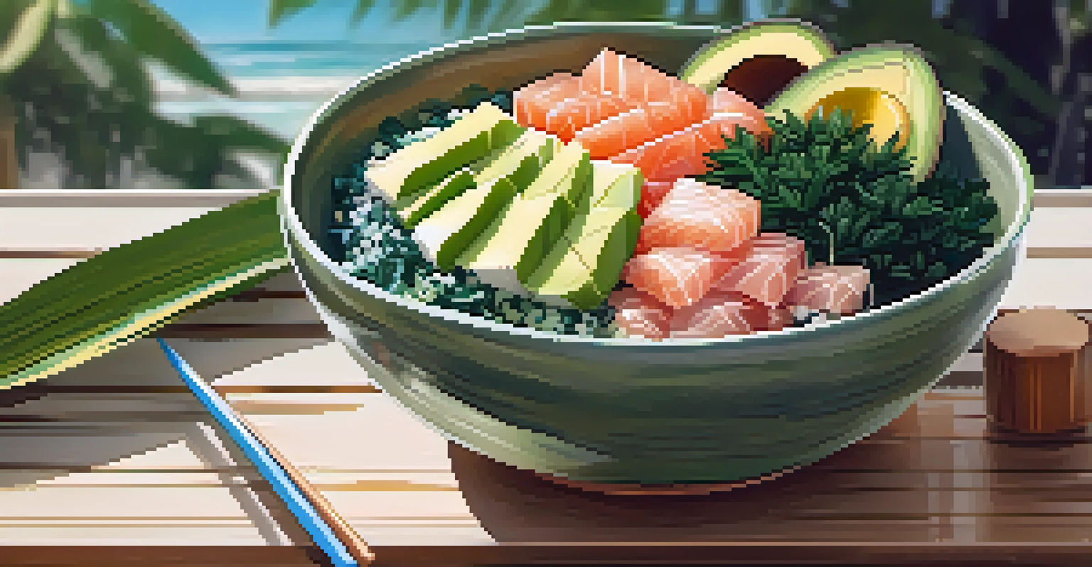 A colorful poke bowl filled with fresh ingredients like fish, avocado, and seaweed on a wooden table.