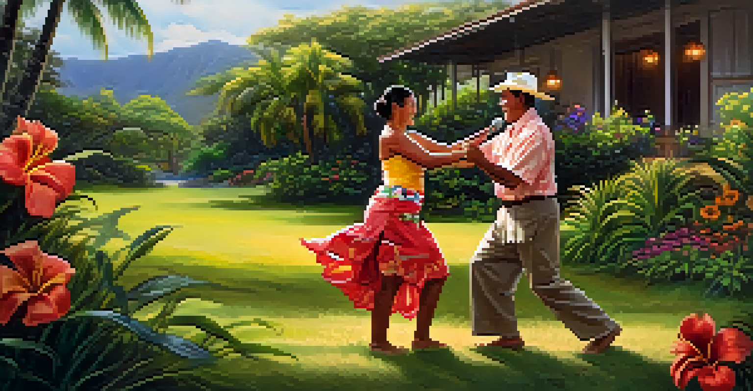 A volunteer learning hula dancing from a local Hawaiian resident in a traditional setting.