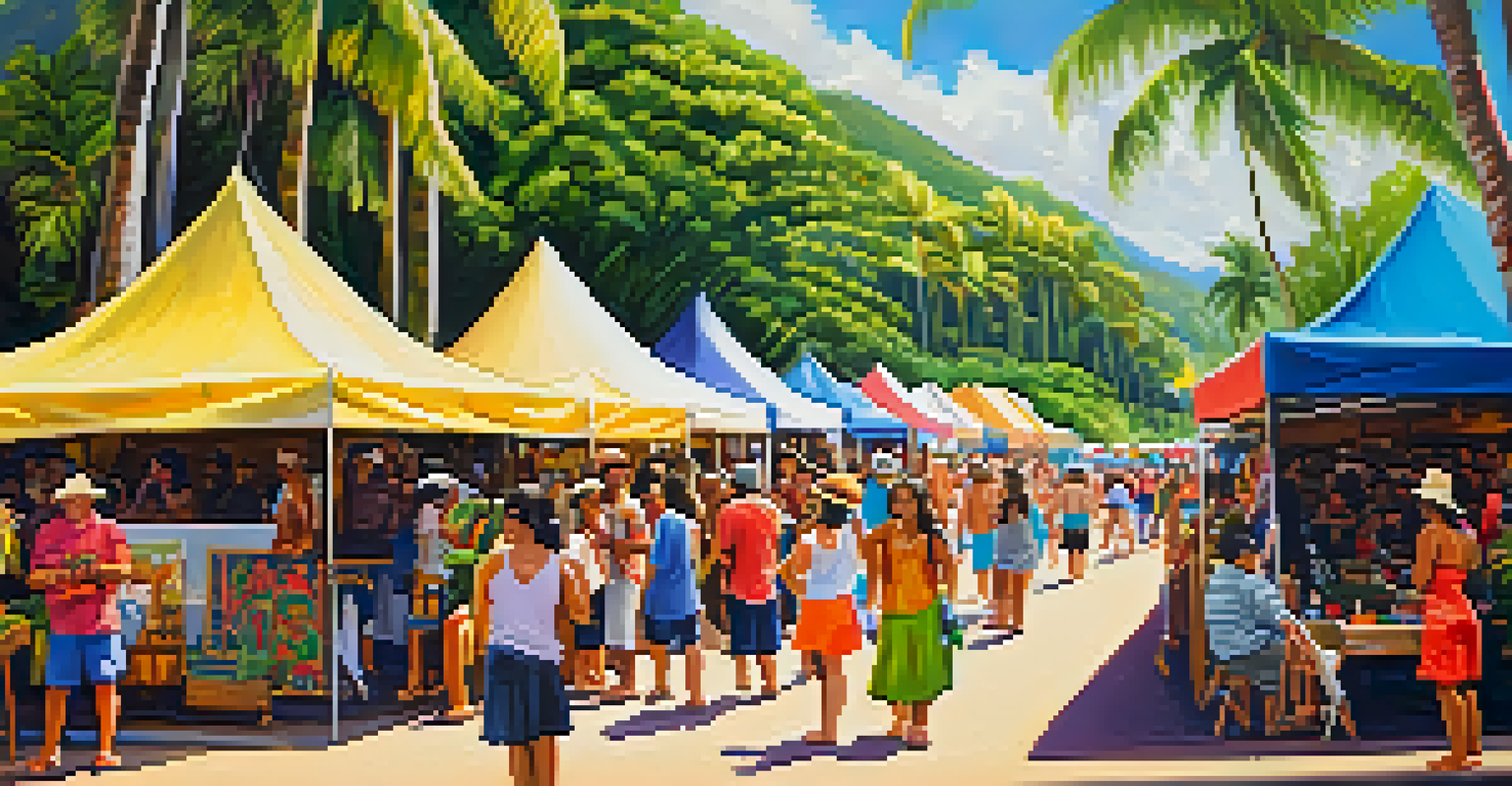 A vibrant community festival in Hawaii with local artists showcasing their art, surrounded by colorful tents and a joyful crowd.