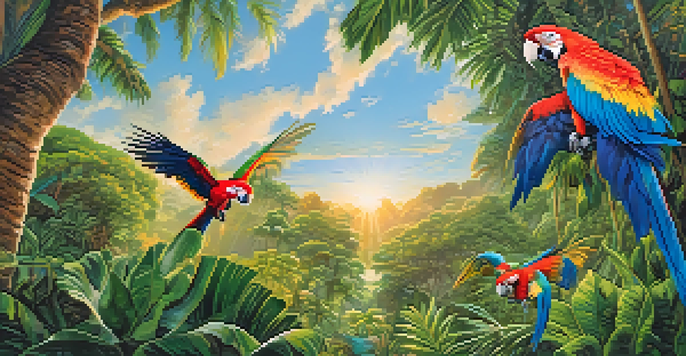 A colorful macaw flying in a sunny tropical setting, with lush green foliage and glimpses of animals in the background.