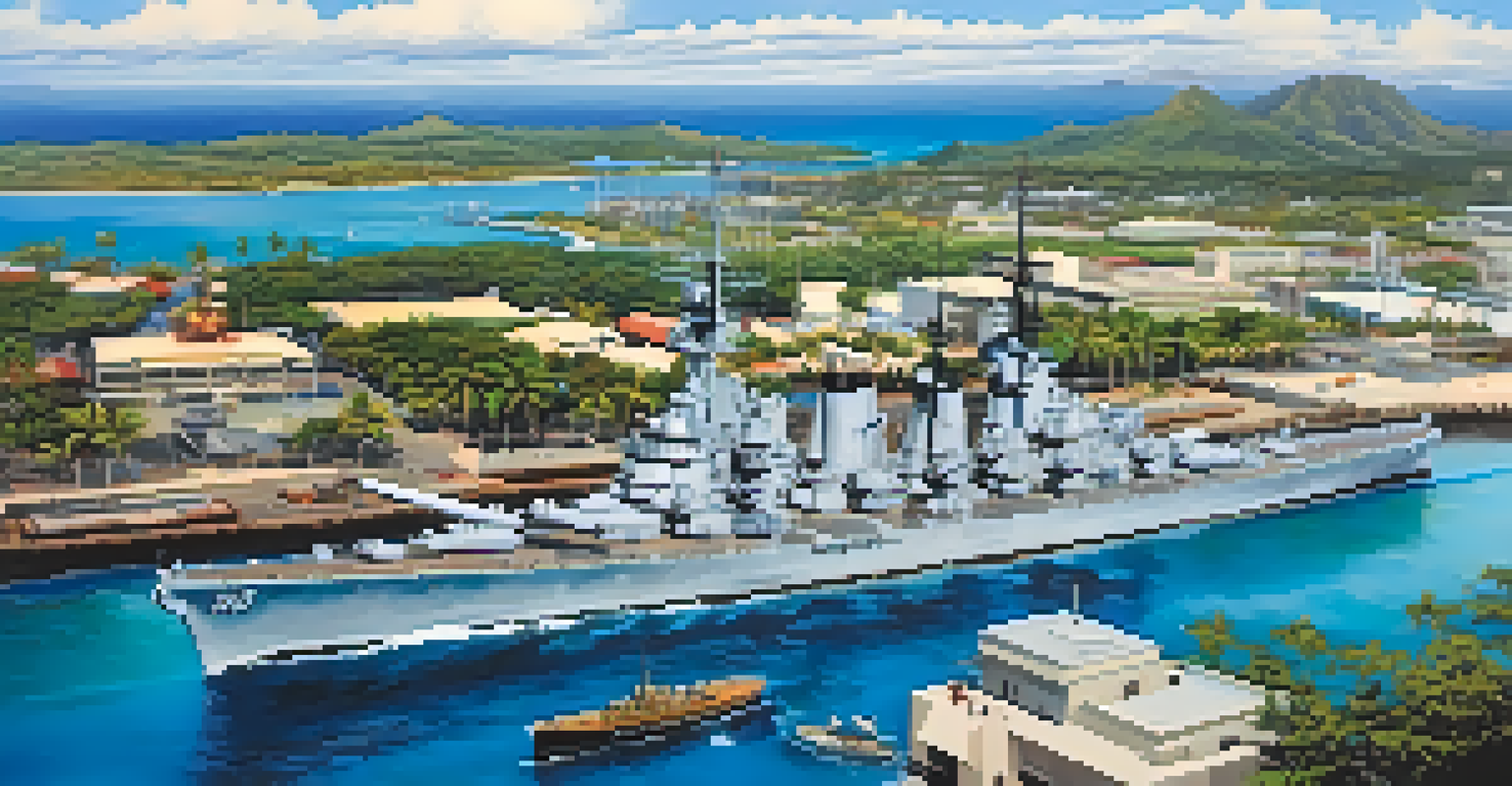 Aerial view of the Battleship Missouri at Pearl Harbor, highlighting its size and tourists exploring on the deck with Ford Island in the background.