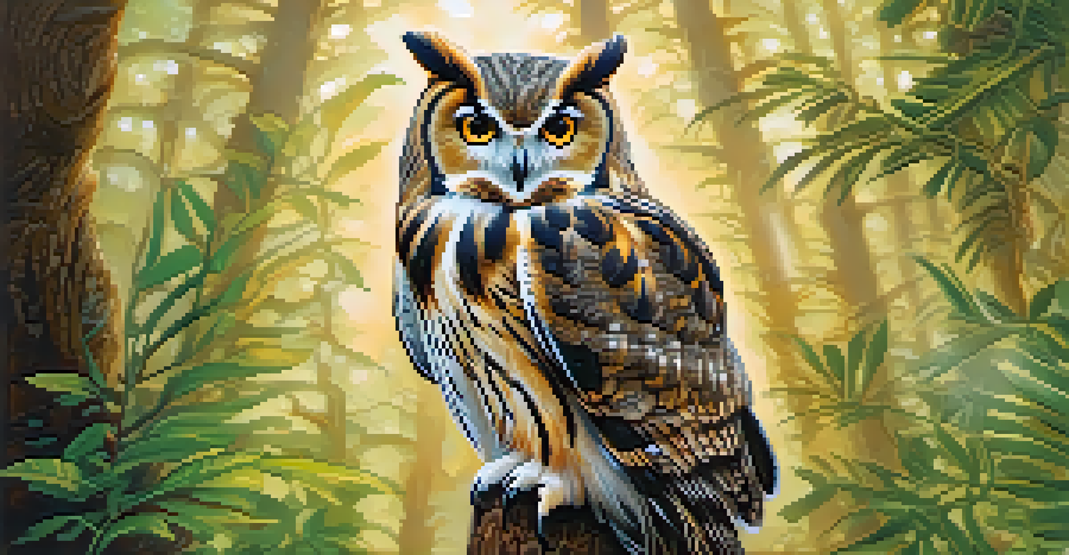 An owl representing ʻAumakua sitting on a branch in a lush Hawaiian forest.