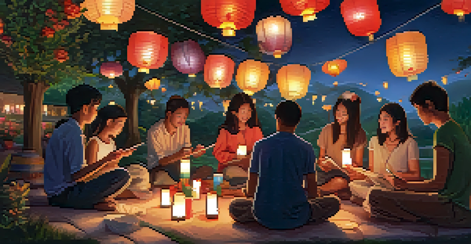 A group of people preparing colorful paper lanterns for a ceremony at dusk, surrounded by greenery and warm candlelight, expressing love and remembrance.