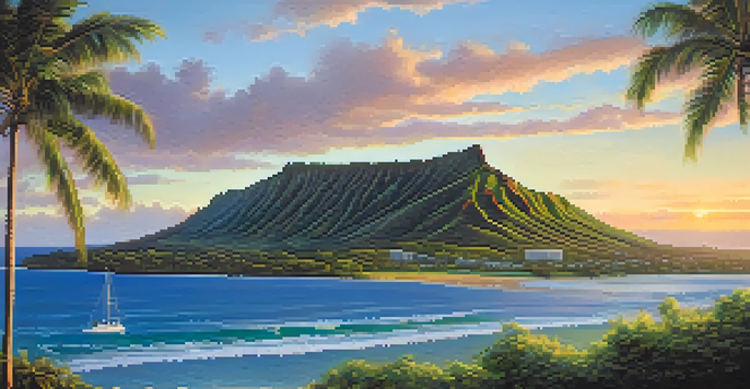 A peaceful sunrise view of Diamond Head crater with pastel colors in the sky, green plants in the foreground, and a blue ocean in the background.