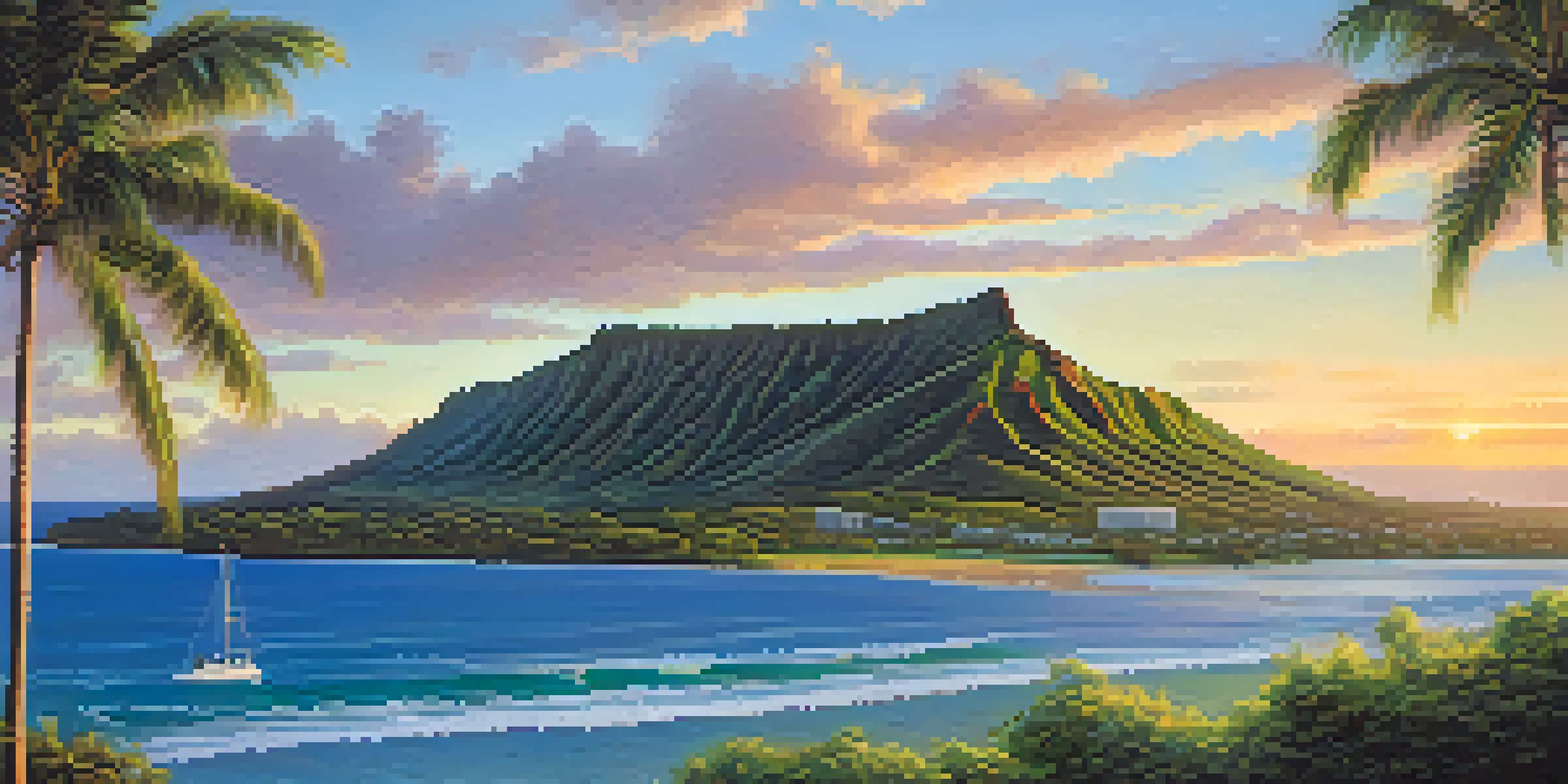 A peaceful sunrise view of Diamond Head crater with pastel colors in the sky, green plants in the foreground, and a blue ocean in the background.