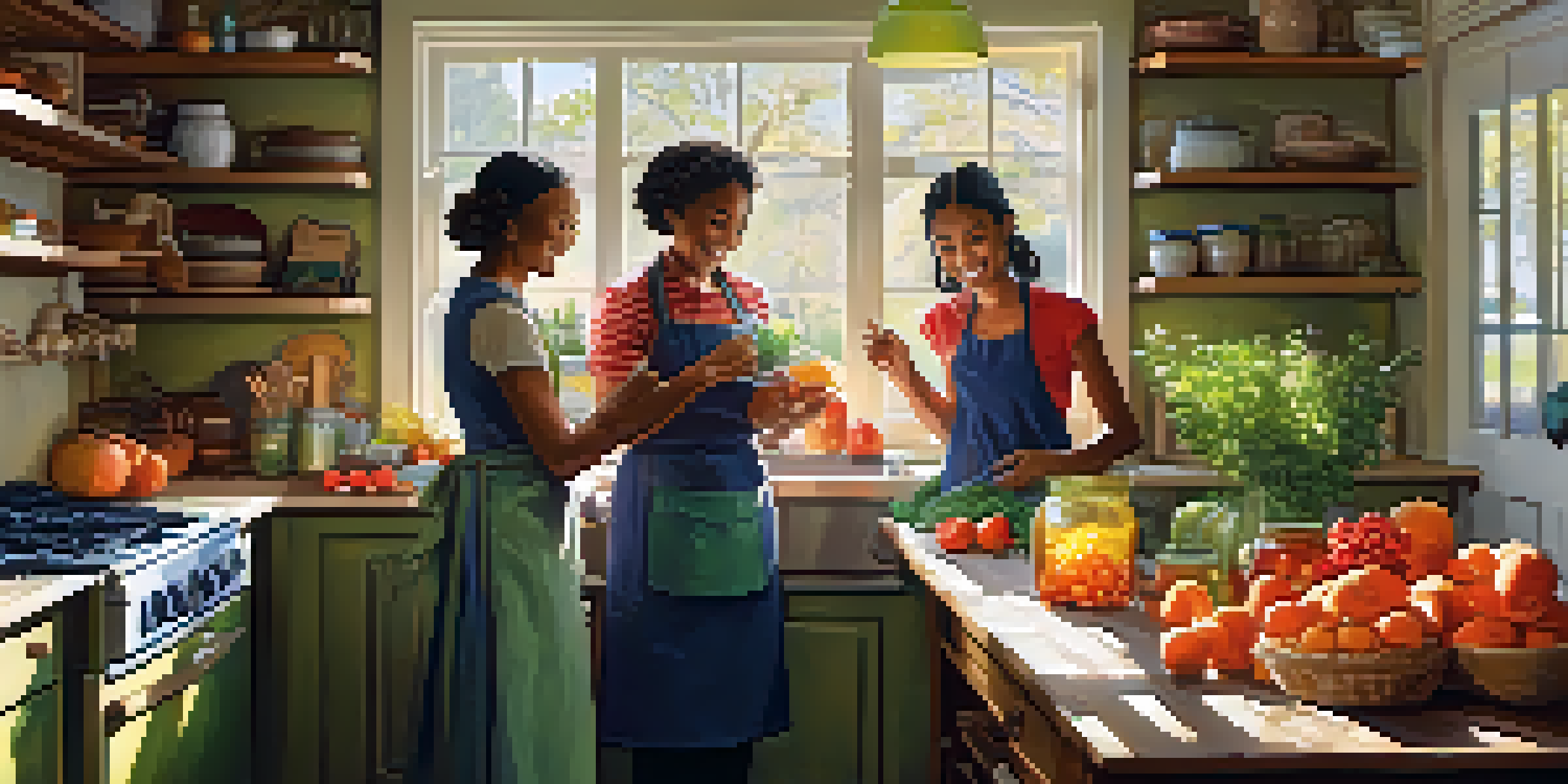 A family in a kitchen happily canning fruits and vegetables, surrounded by colorful jars and fresh herbs.