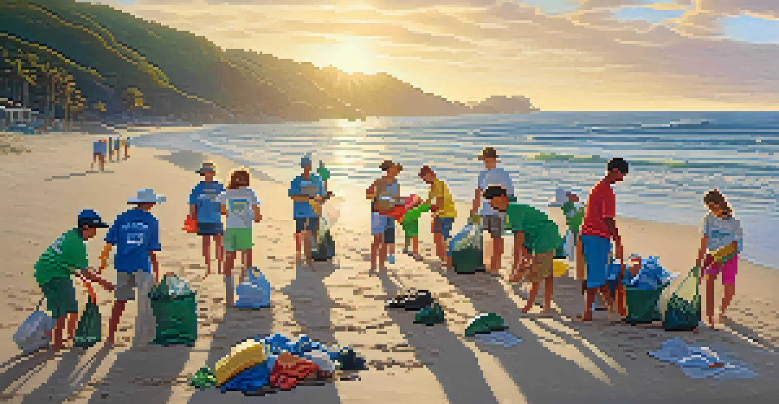 Volunteers cleaning up a beach at sunset, collecting trash and enjoying the beautiful scenery.
