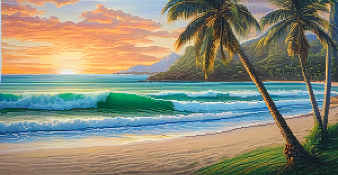 A sunset view of a tranquil beach in Honolulu with golden sands, turquoise waters, and lush palm trees, featuring a beach towel and a surfboard.