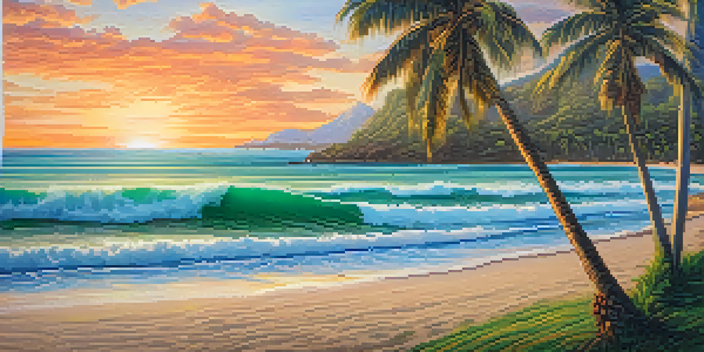 A sunset view of a tranquil beach in Honolulu with golden sands, turquoise waters, and lush palm trees, featuring a beach towel and a surfboard.