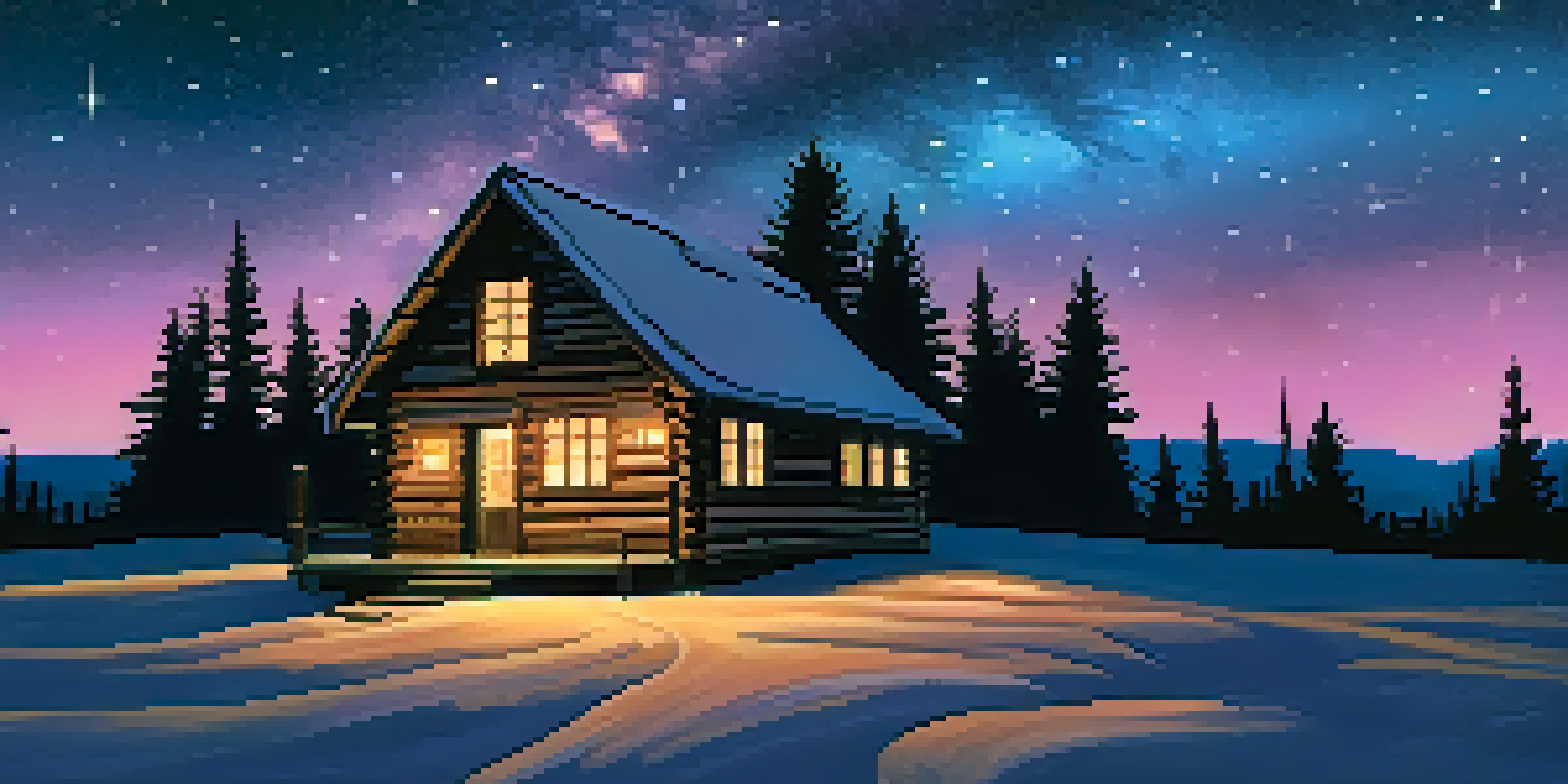 A peaceful night scene showcasing a clear sky filled with stars and the Milky Way above a small cabin in a forest.
