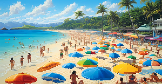 A lively beach in Honolulu with people enjoying swimming and snorkeling in clear waters, colorful umbrellas on the sand, and palm trees under a sunny sky.