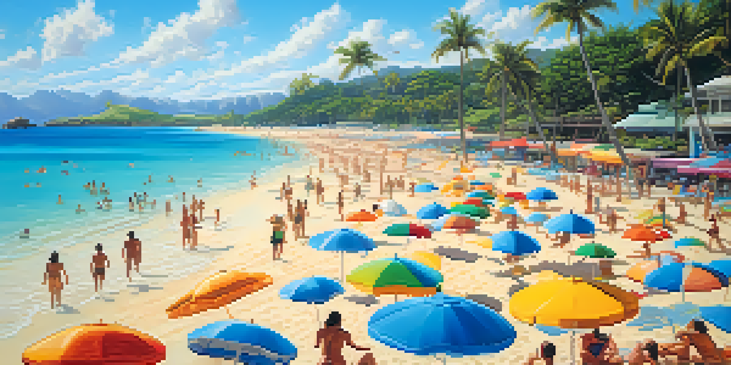 A lively beach in Honolulu with people enjoying swimming and snorkeling in clear waters, colorful umbrellas on the sand, and palm trees under a sunny sky.